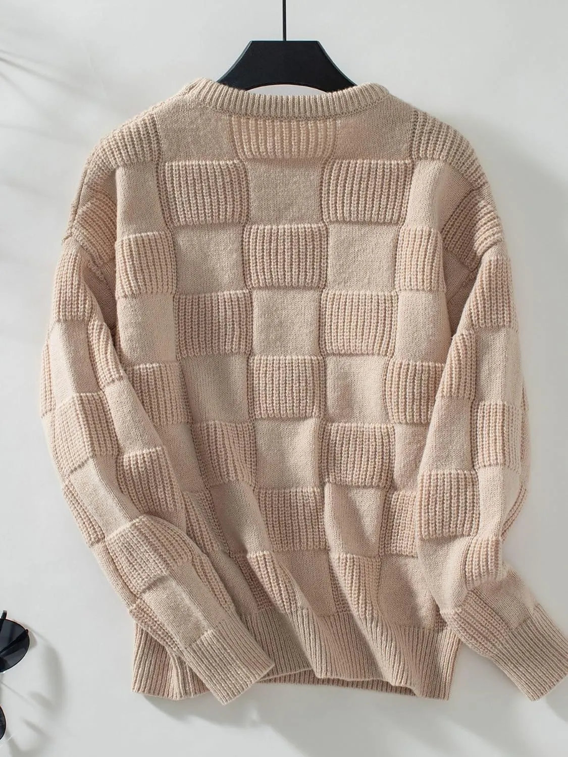 Xuan2Xuan3 Women Fall Crewneck Pullover Sweaters 2024 Solid Color Checkered Plaid Cozy Casual Loose Winter Knit Jumper Tops