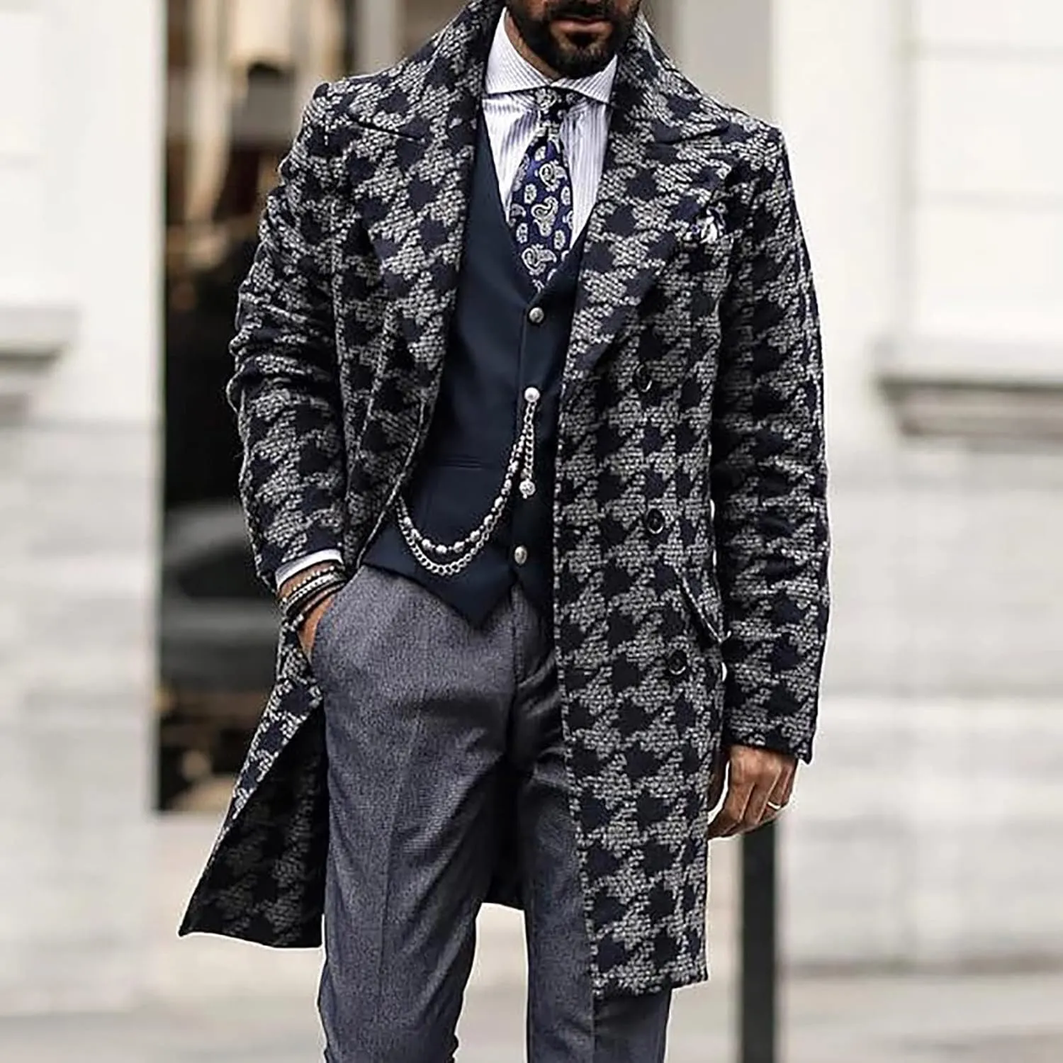 yoeasy Men's Printed Notched Collar Plaid Double Breasted Trench Coat Mid Length Slim Fit Woolen Blend Pea Coat