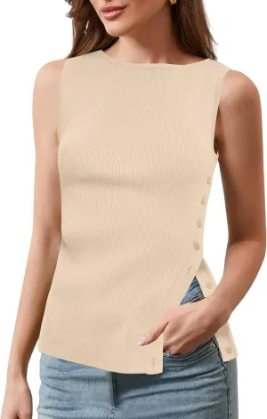 Ythomm Womens Asymmetrical Side-Button Slit Tank Tops Sleeveless Boat Neck Ribbed Knit Sweater Vest Solid Slim Going Out Tops