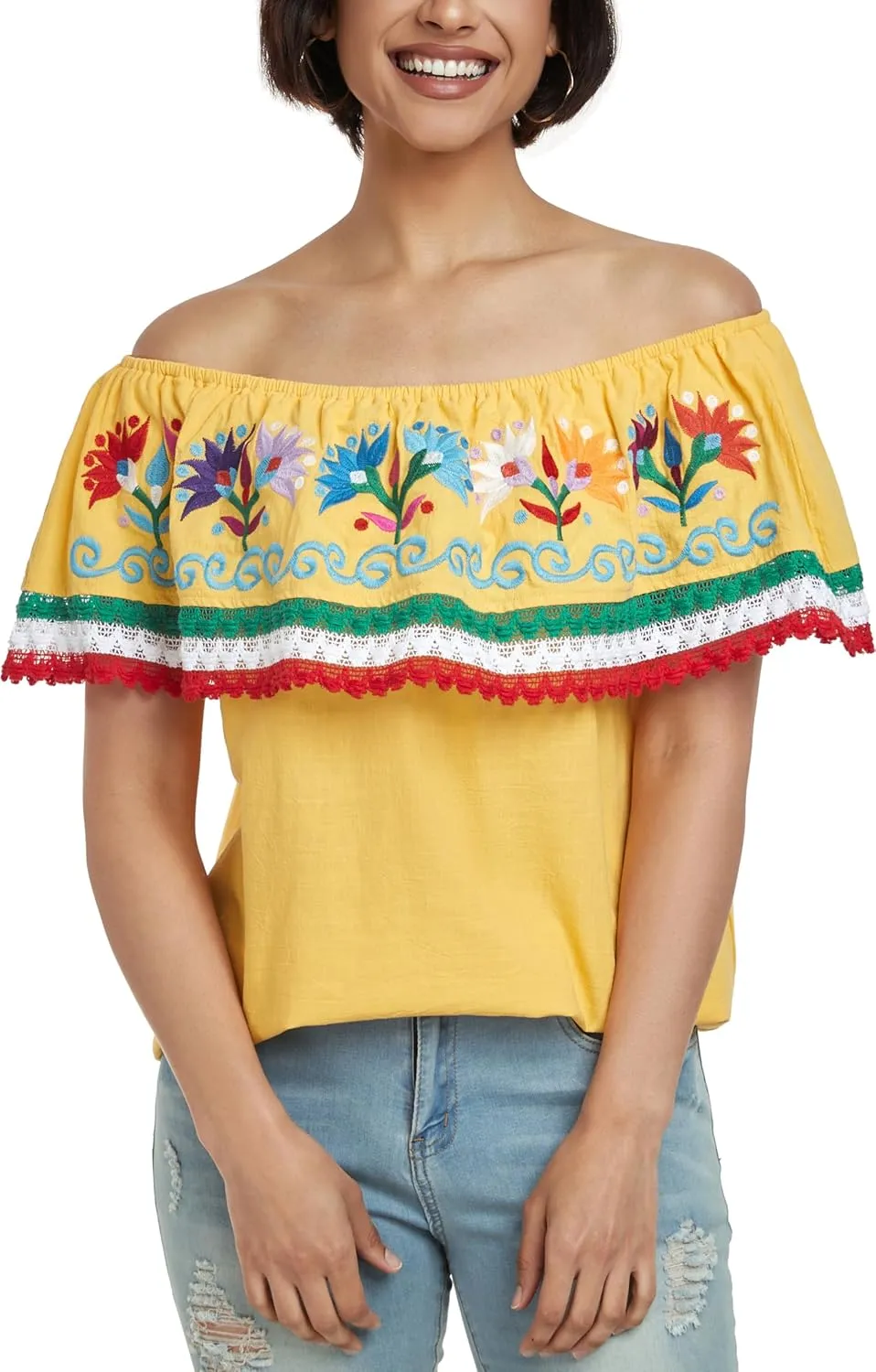 YZXDORWJ Women Mexican Embroidered Off-Shoulder Shirt Lace Falbala Top