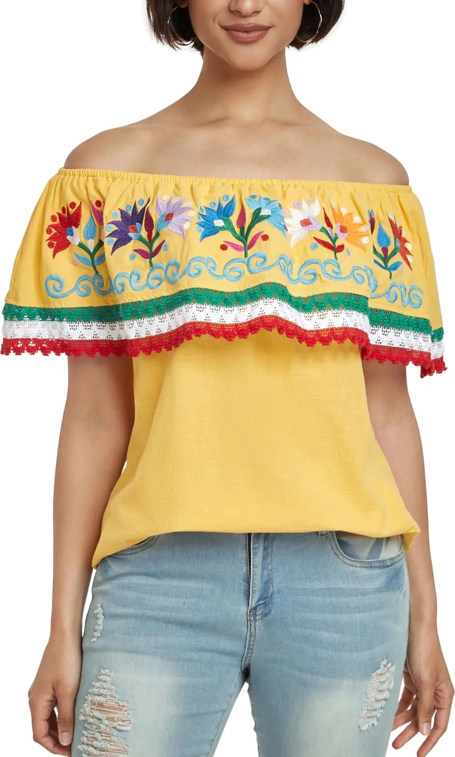 YZXDORWJ Women Mexican Embroidered Off-Shoulder Shirt Lace Falbala Top