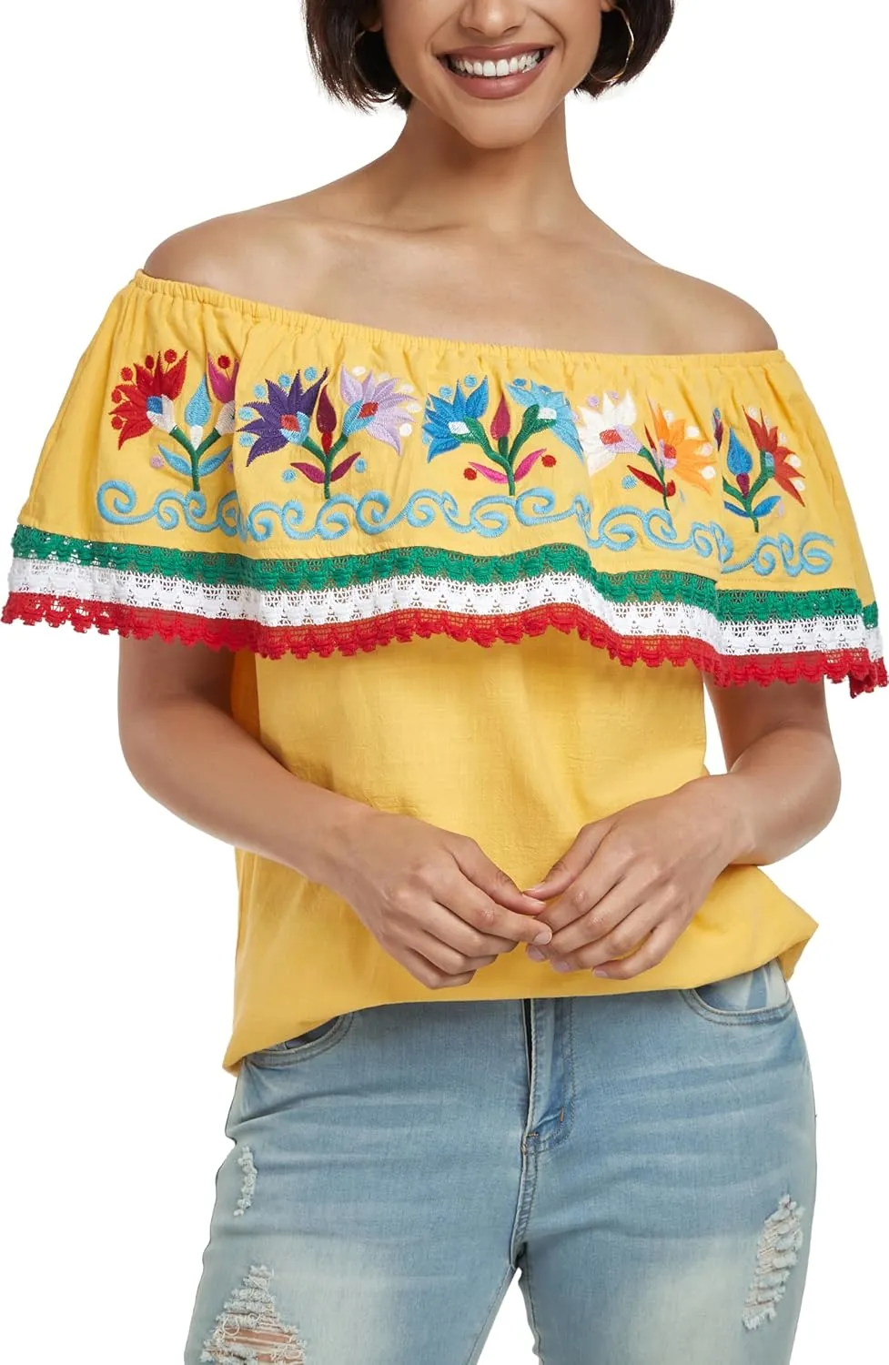 YZXDORWJ Women Mexican Embroidered Off-Shoulder Shirt Lace Falbala Top