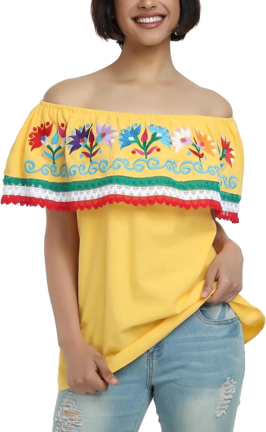 YZXDORWJ Women Mexican Embroidered Off-Shoulder Shirt Lace Falbala Top