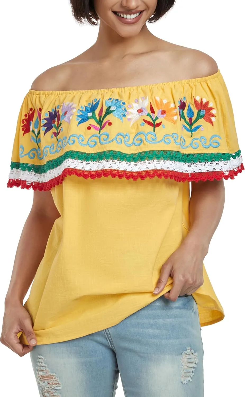 YZXDORWJ Women Mexican Embroidered Off-Shoulder Shirt Lace Falbala Top