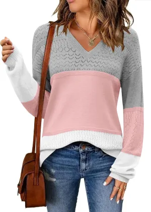 Zeagoo Womens 2025 Fall Sweaters Casual Long Sleeve Ribbed Knit Pullover V Neck Lightweight Crochet Pullover Sweater Top