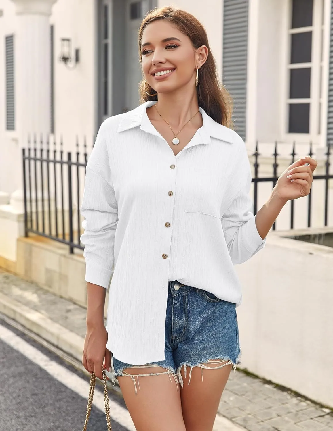 Zeagoo Womens Button Down Shirts Casual Long Sleeve Blouses V Neck Dress Shirt Textured Collared Work Tops with Pocket