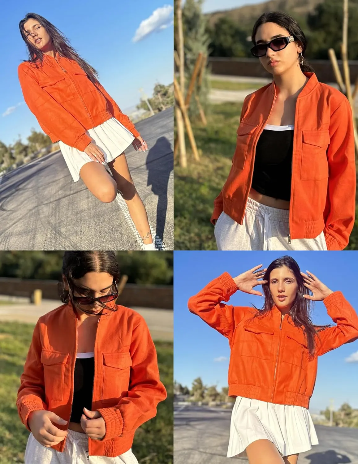 Zeagoo Womens Cropped Jacket Stand Collar Long Sleeve Zip Up Shackets Bomber Jacket Coats with Pockets