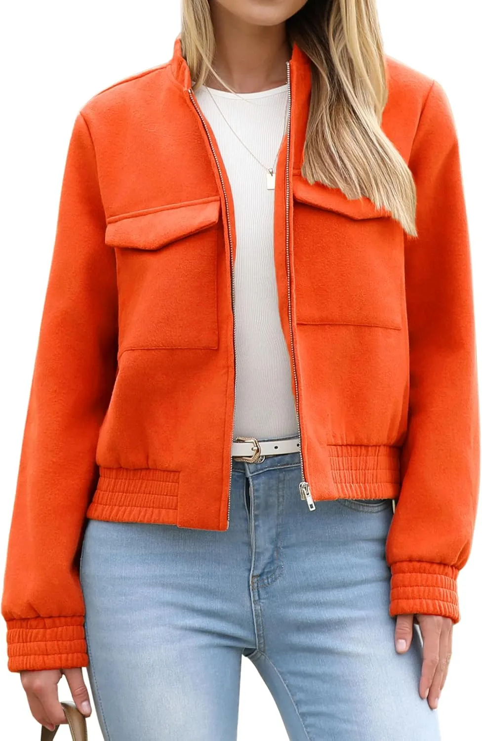 Zeagoo Womens Cropped Jacket Stand Collar Long Sleeve Zip Up Shackets Bomber Jacket Coats with Pockets