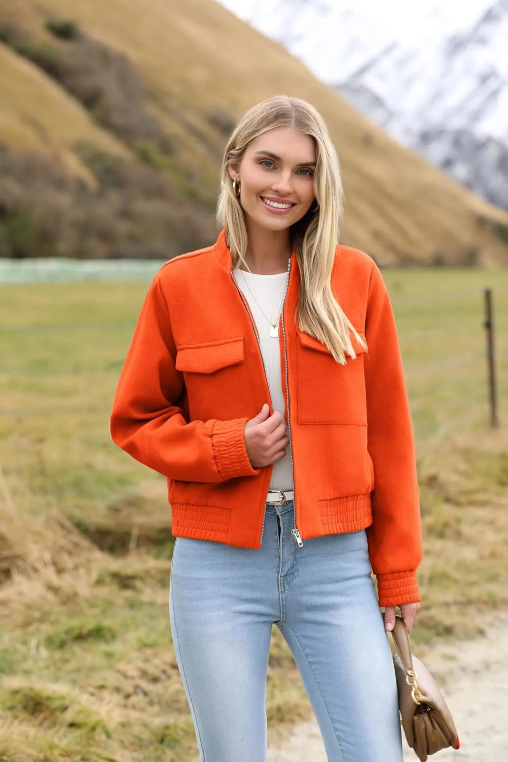 Zeagoo Womens Cropped Jacket Stand Collar Long Sleeve Zip Up Shackets Bomber Jacket Coats with Pockets