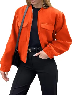 Zeagoo Womens Cropped Jacket Stand Collar Long Sleeve Zip Up Shackets Bomber Jacket Coats with Pockets