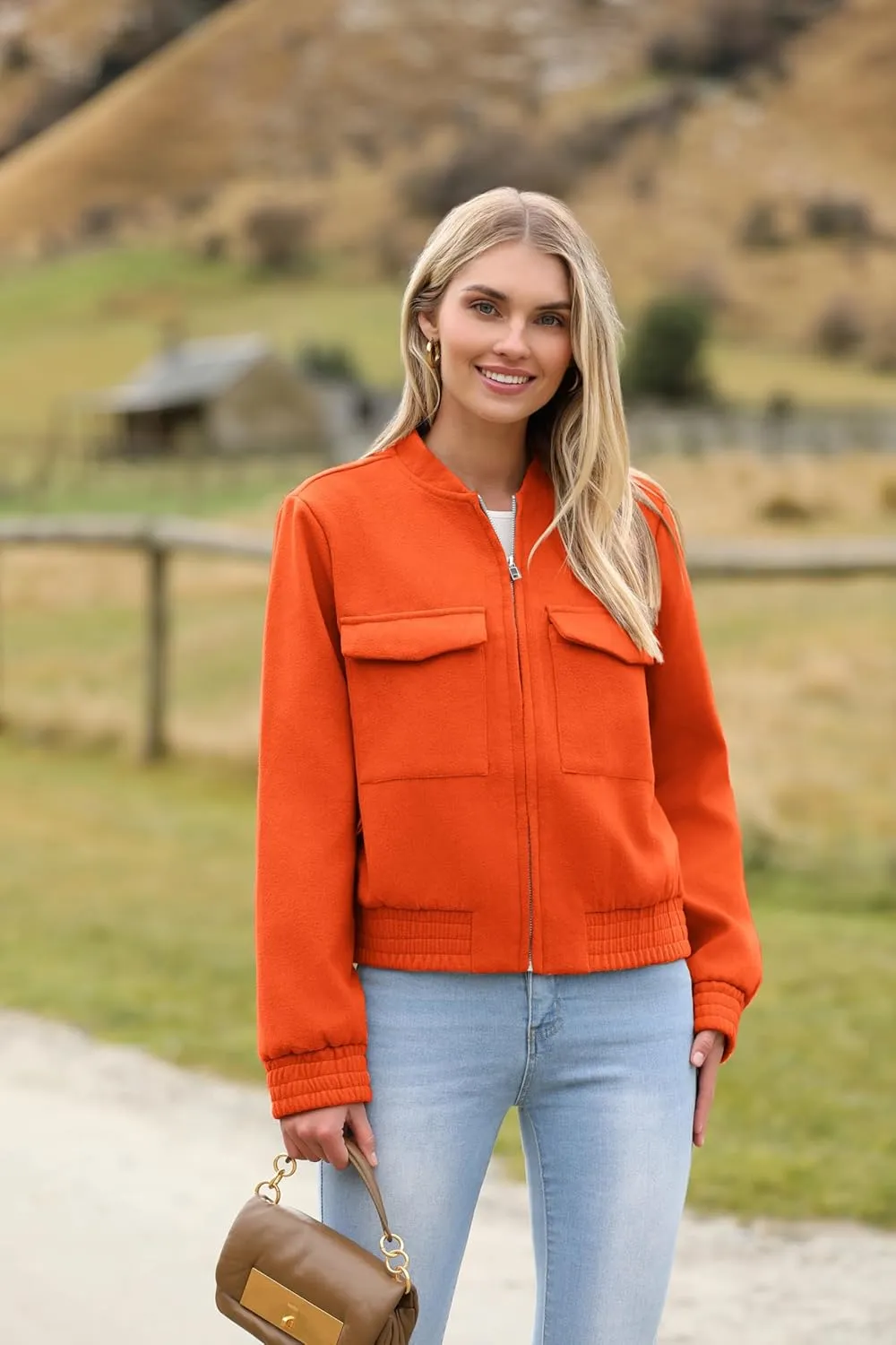 Zeagoo Womens Cropped Jacket Stand Collar Long Sleeve Zip Up Shackets Bomber Jacket Coats with Pockets