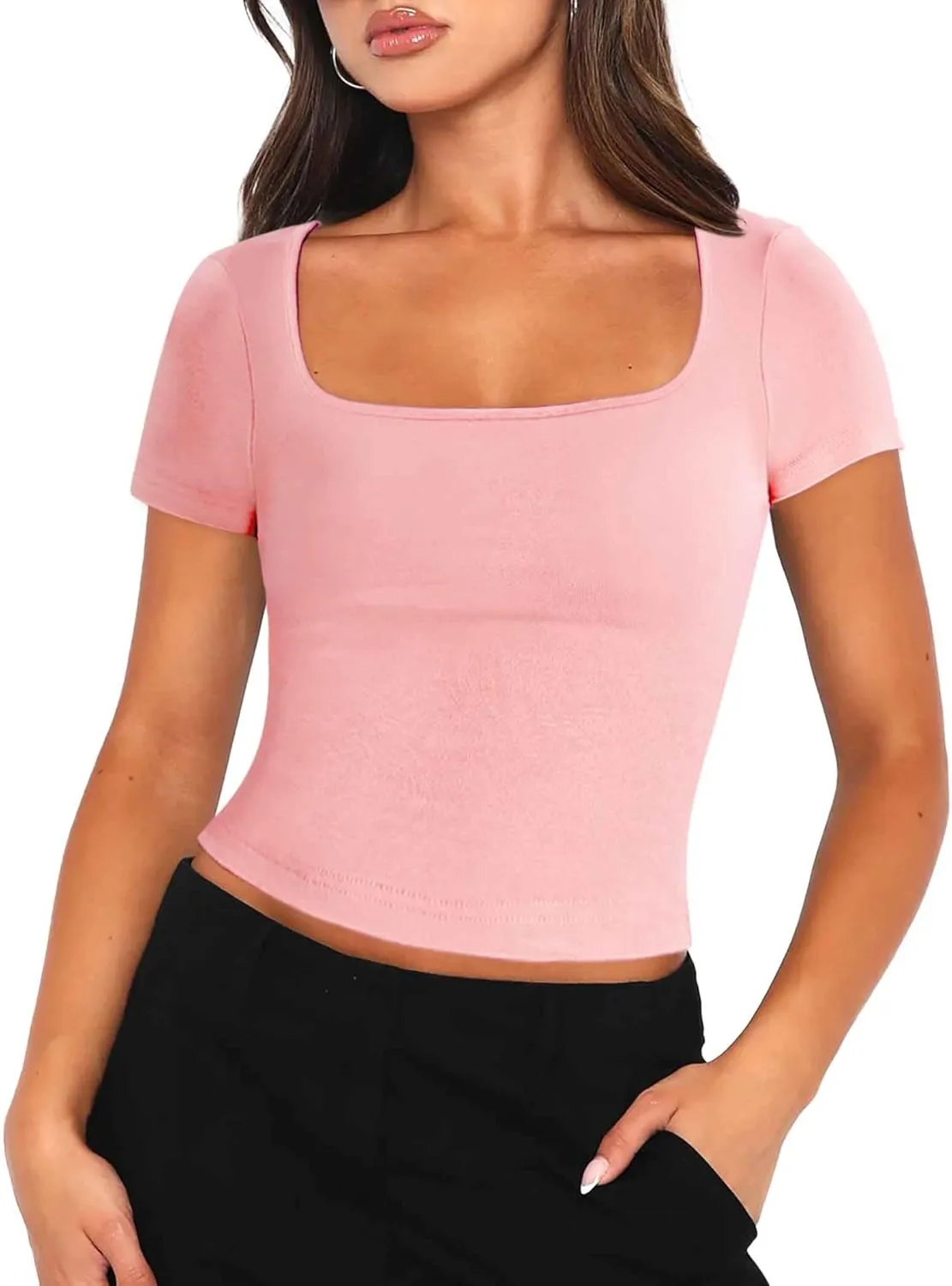 Zeagoo Women's Short Sleeve Square Neck T Shirt Slim Fitted Casual Basic Crop Top Going Out Tops
