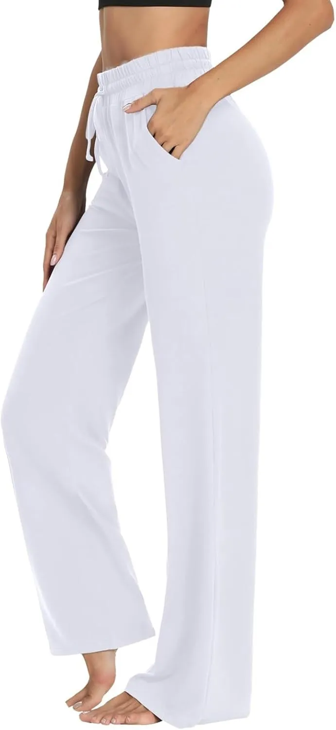 ZEFOTIM Wide Leg Pants Woman Drawstring High Waisted Trousers Solid Color Business Pants with Pocket