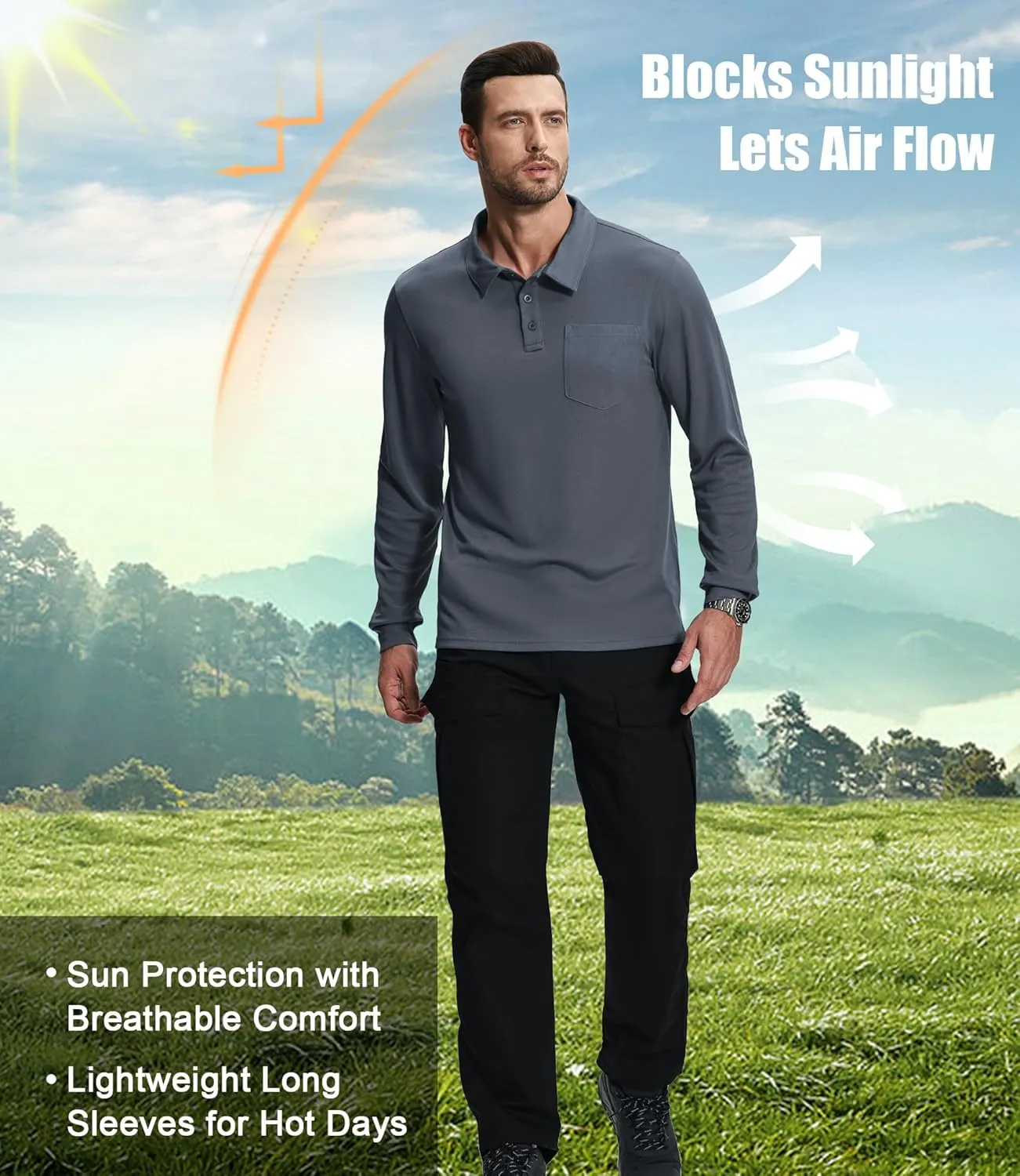 ZITY 3 Pack Long Sleeve Polo Shirts for Men with Pocket Moisture Wicking Outdoor Workwear Office Casual Collared Shirts Fall